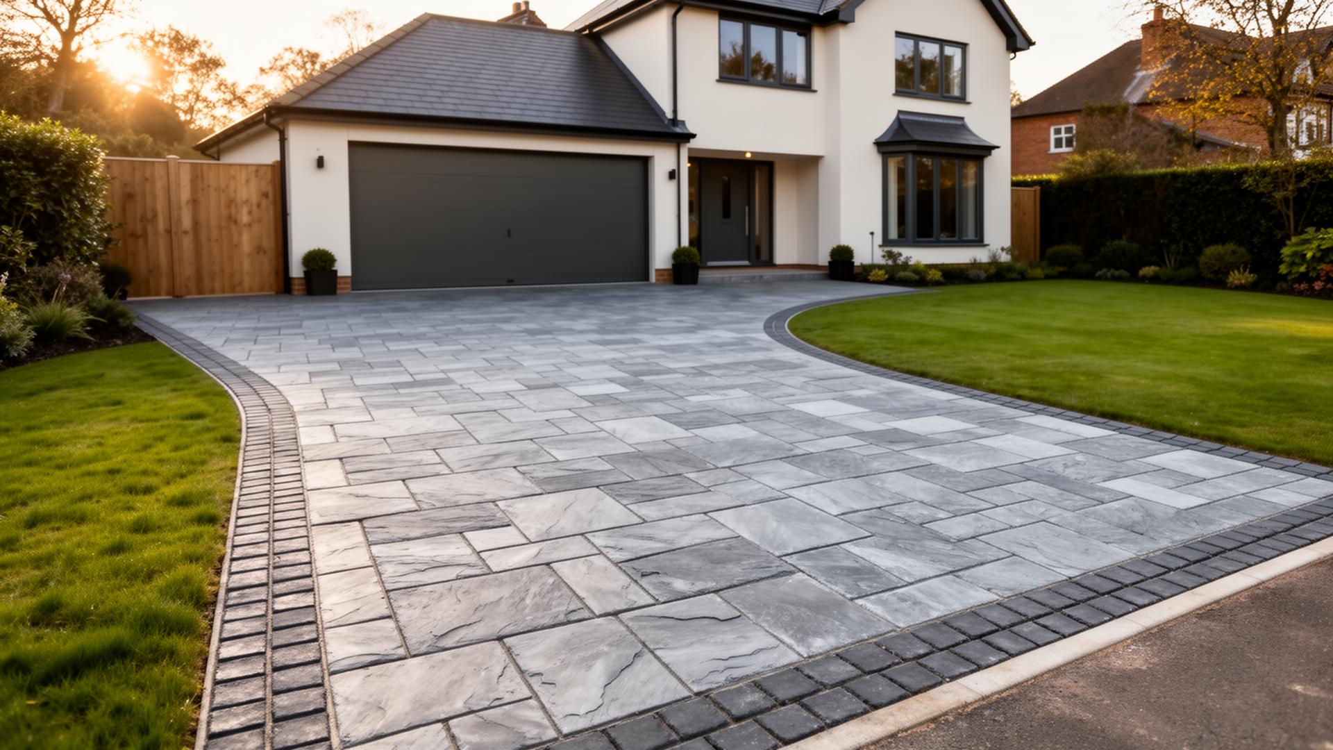 Pattern-imprinted concrete driveway in front of a modern detached UK home